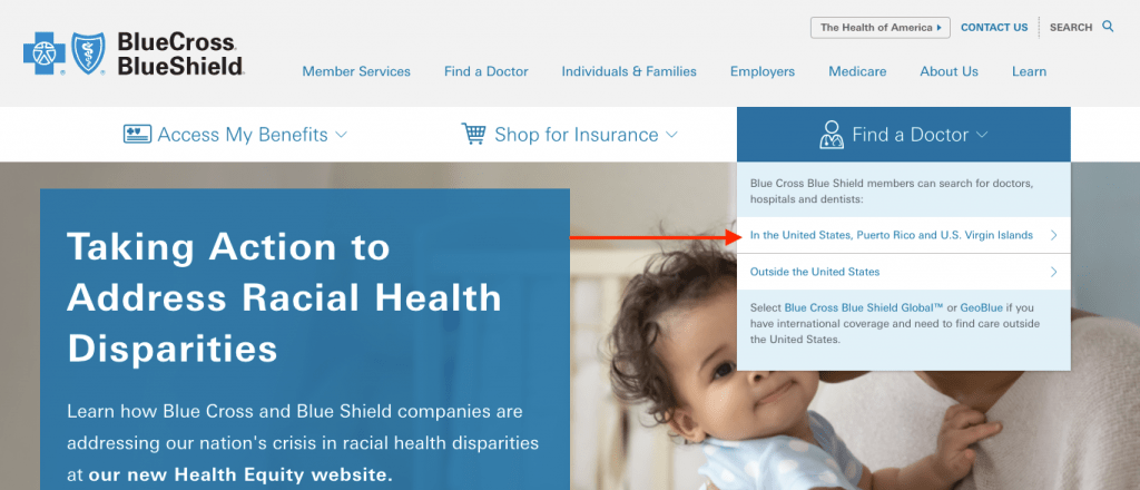 BCBS Find A Doctor In the United States from the Home Page. Shows an arrow pointing to Find A Doctor In the United States.