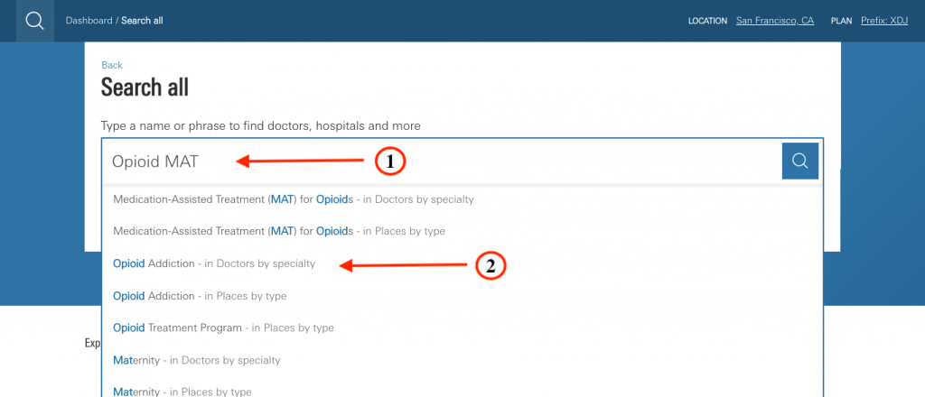 BCBS Opioid MAT and Opioid Addiction. Arrow pointing to Opioid Addiction - Doctor by Speciality on BCBS website.