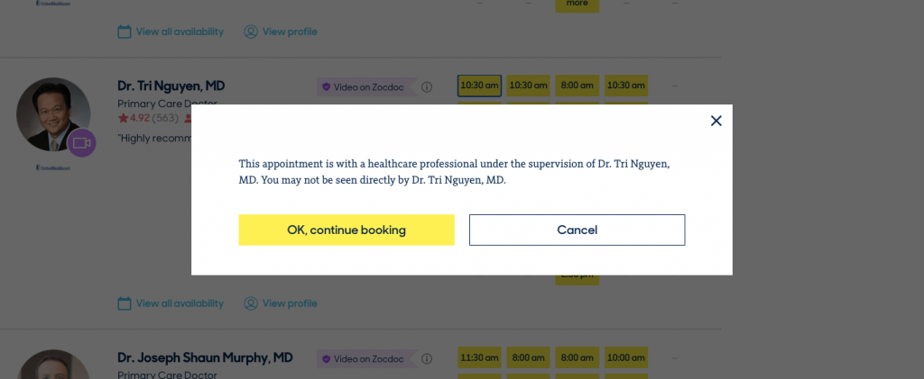 Zocdoc warning for Dr. Tri Nguyem