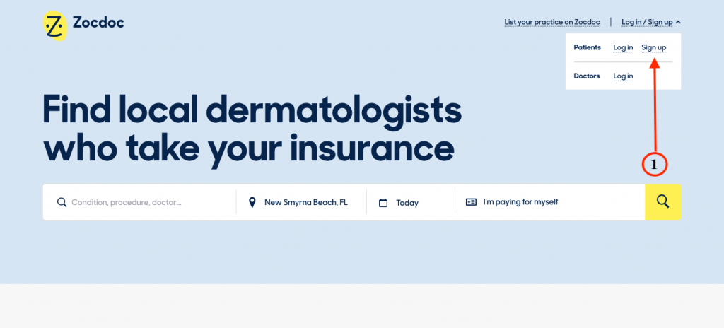 Zocdoc signup button on homepage.