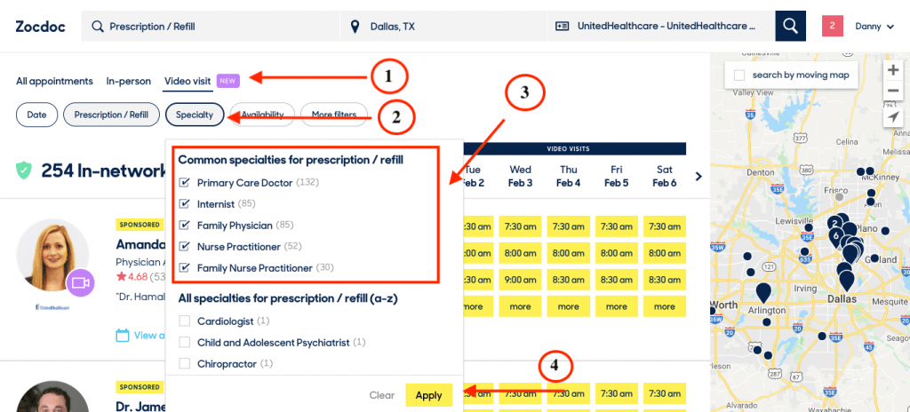 Refining Zocdoc searches.