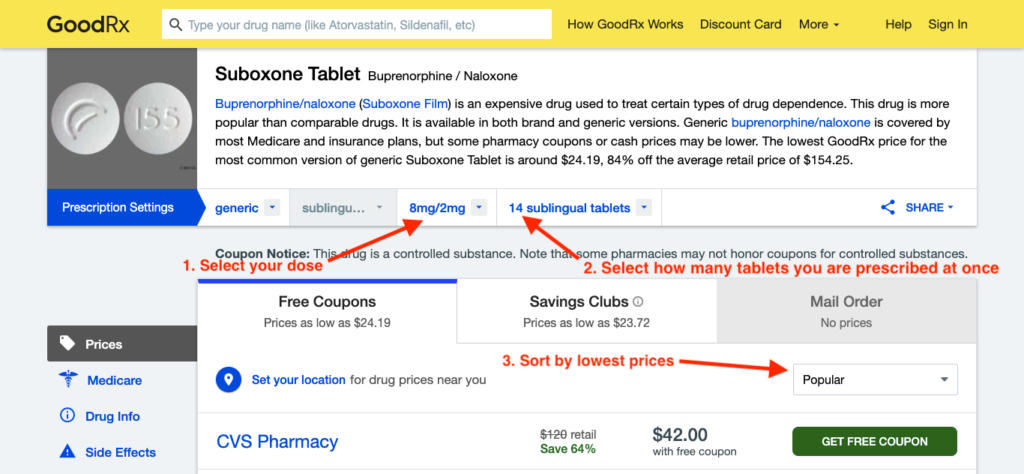 GoodRx Suboxone Tablet page showing 14 8mg/2mg sublingual tablets.